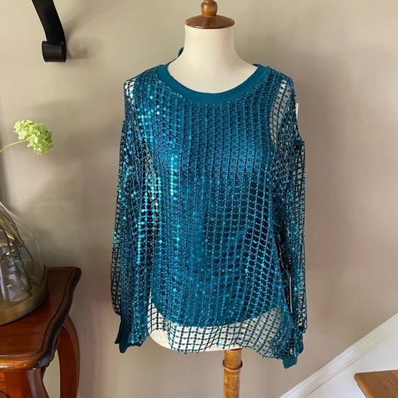 NWT Anthropologie Pilcro Long-Sleeve Sequin Turquoise Top Small - Picture 9 of 9